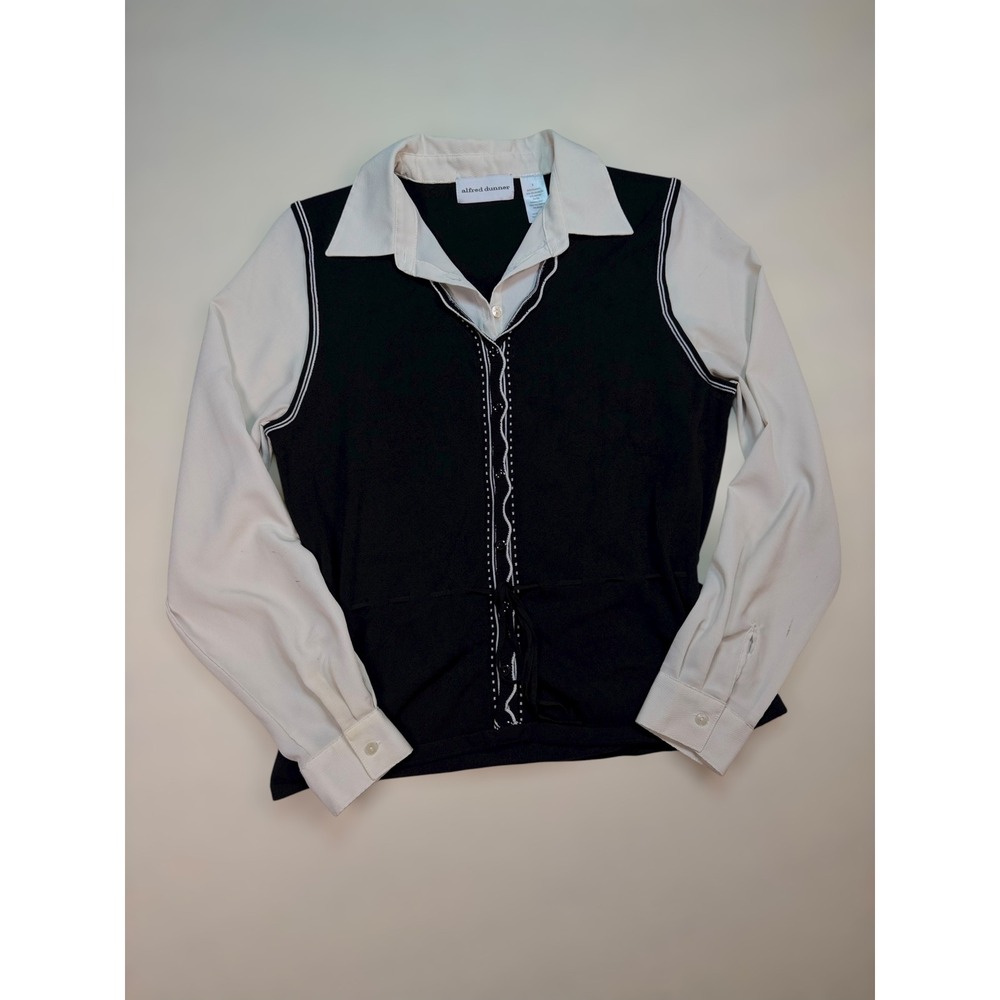 Alfred Dunner Vintage Layered Look Knit Vest Shirt Top Black White Womens Small
